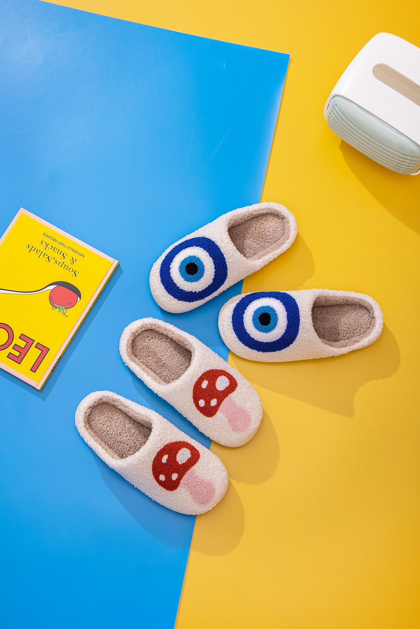 Blue Evileye Illustrated Comfort Cozy Plush Fluffy Fur Slip On Cushion Slippers