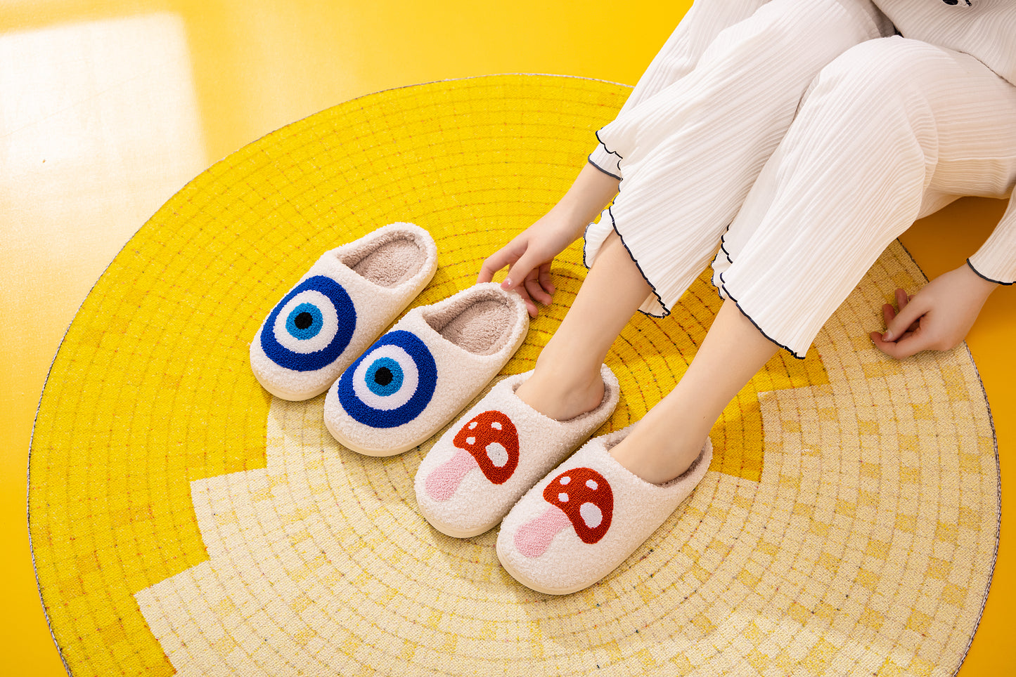 Blue Evileye Illustrated Comfort Cozy Plush Fluffy Fur Slip On Cushion Slippers