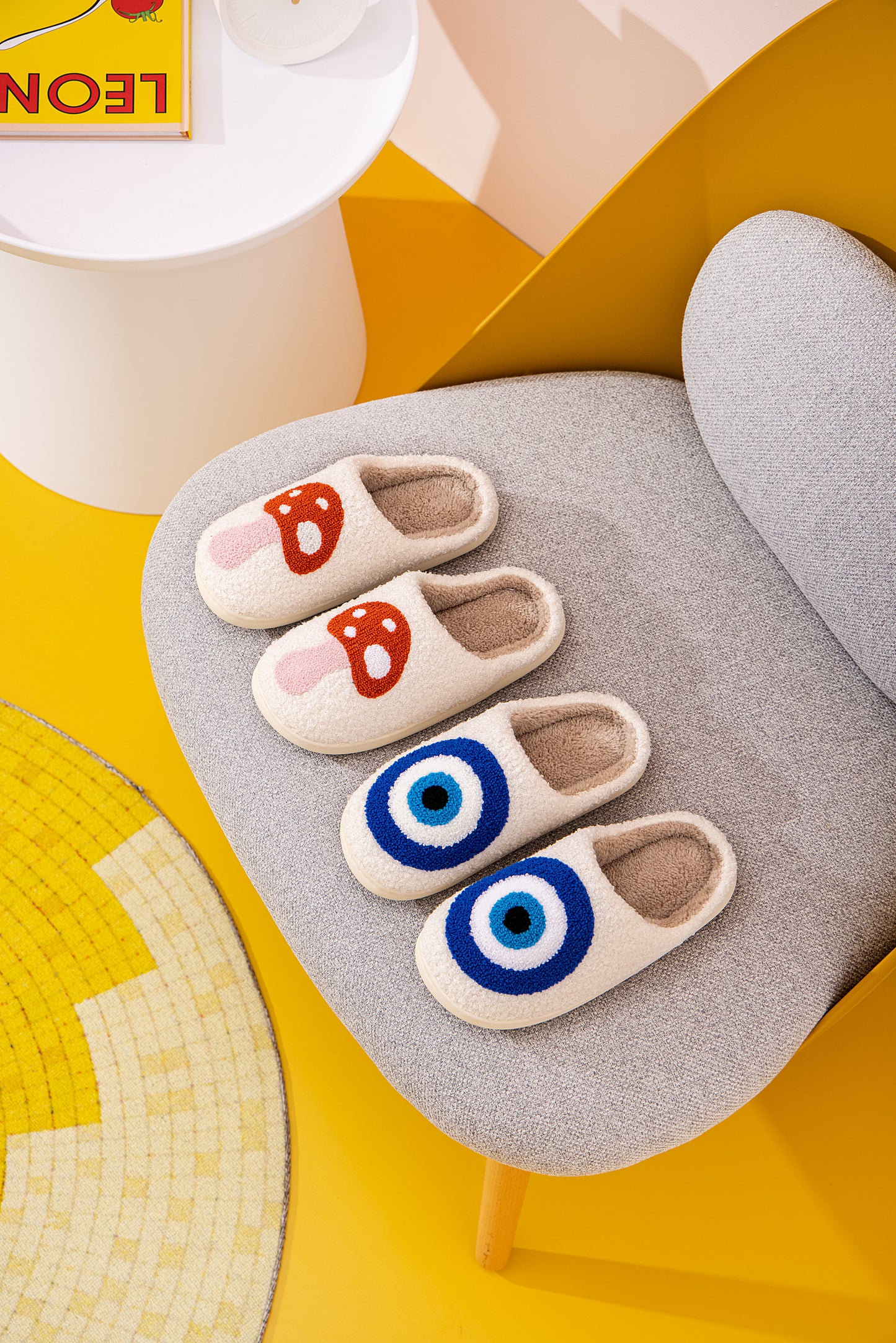 Blue Evileye Illustrated Comfort Cozy Plush Fluffy Fur Slip On Cushion Slippers