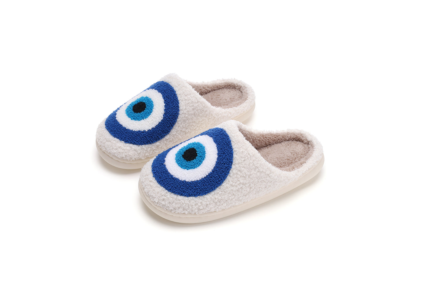Blue Evileye Illustrated Comfort Cozy Plush Fluffy Fur Slip On Cushion Slippers