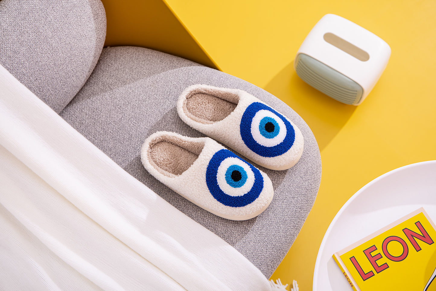 Blue Evileye Illustrated Comfort Cozy Plush Fluffy Fur Slip On Cushion Slippers
