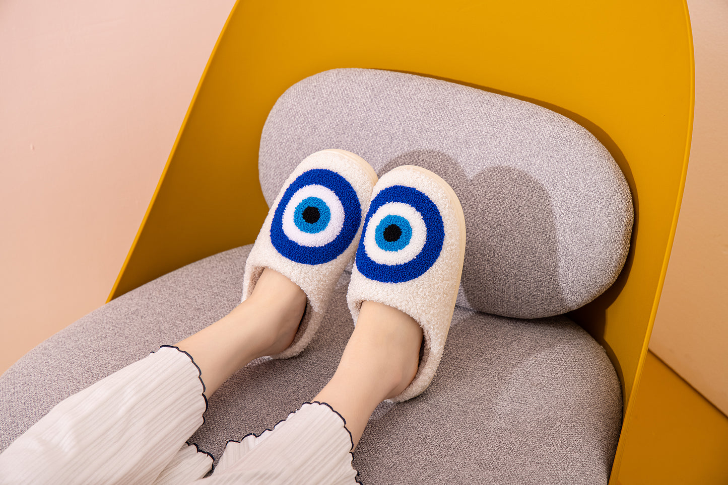 Blue Evileye Illustrated Comfort Cozy Plush Fluffy Fur Slip On Cushion Slippers