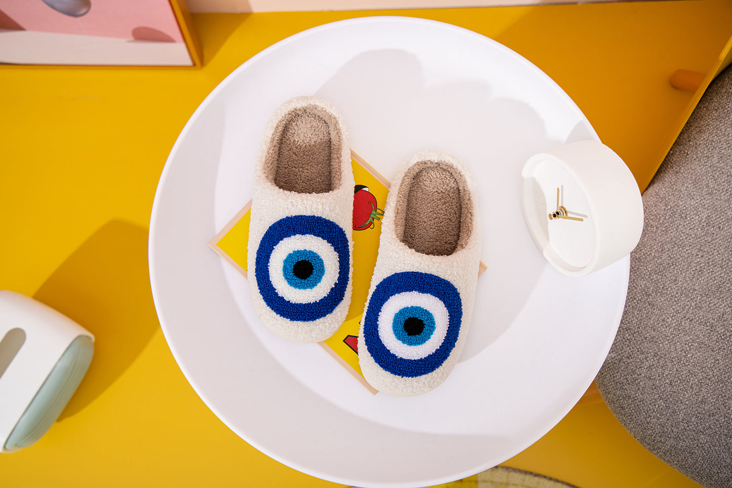 Blue Evileye Illustrated Comfort Cozy Plush Fluffy Fur Slip On Cushion Slippers