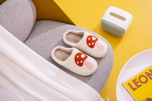 Mushroom Illustrated Comfort Cozy Plush Fluffy Fur Slip On Cushion Slippers