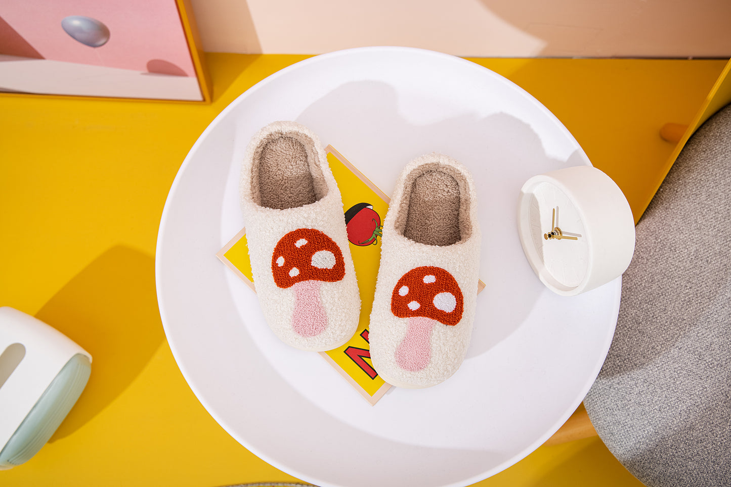Mushroom Illustrated Comfort Cozy Plush Fluffy Fur Slip On Cushion Slippers