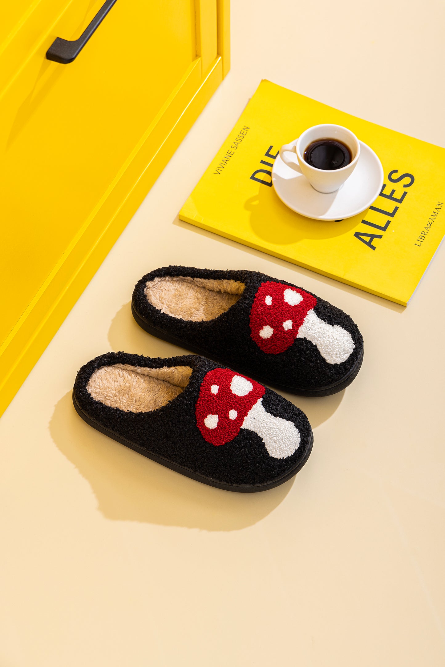 Mushroom Illustrated Comfort Cozy Plush Fluffy Fur Slip On Cushion Slippers