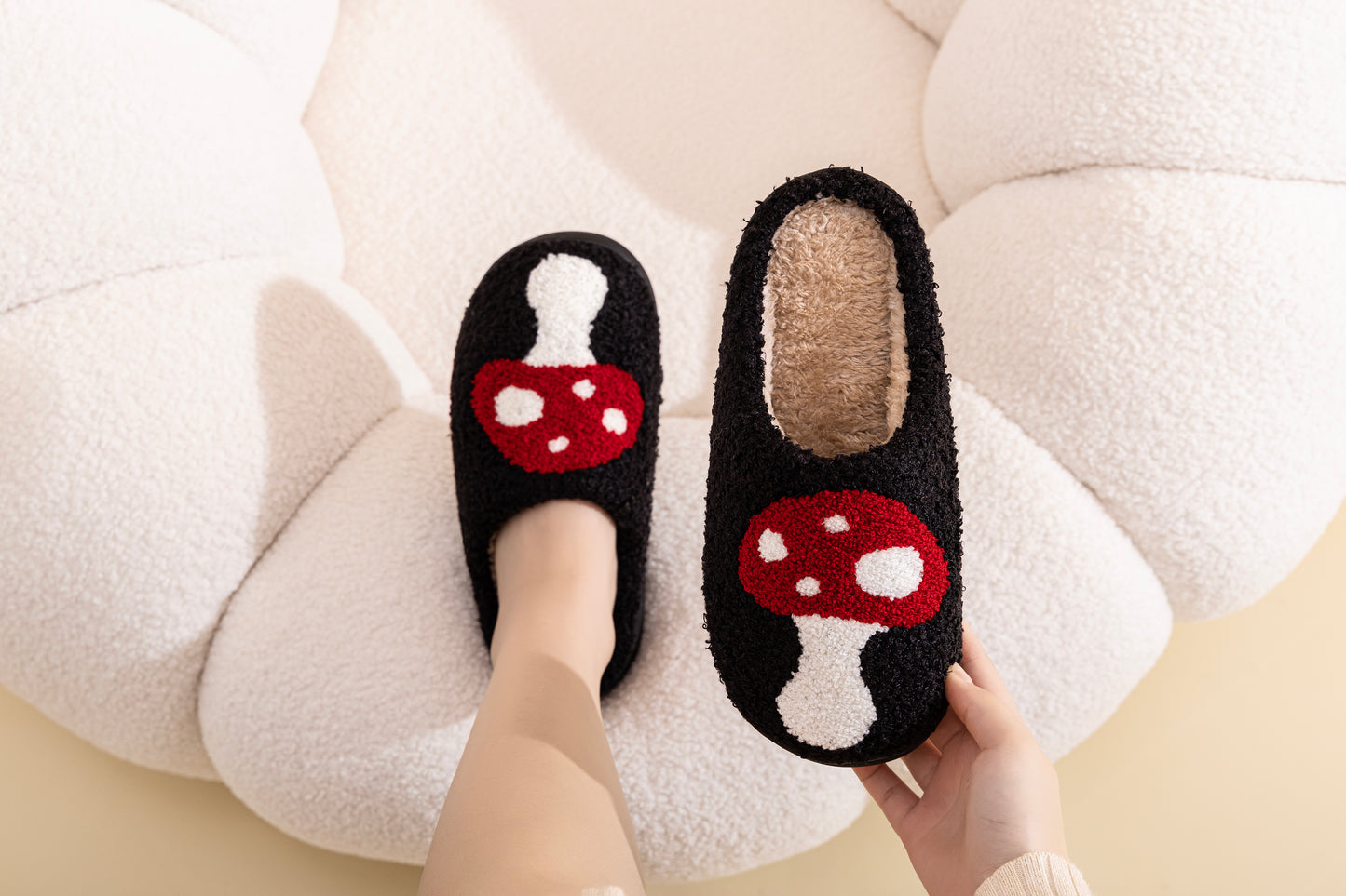 Mushroom Illustrated Comfort Cozy Plush Fluffy Fur Slip On Cushion Slippers