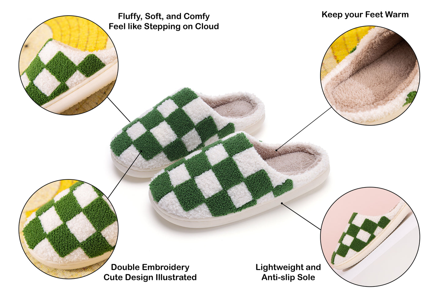 Checkered Pattern Illustrated Comfort Cozy Plush Fluffy Fur Slip On Cushion Slippers
