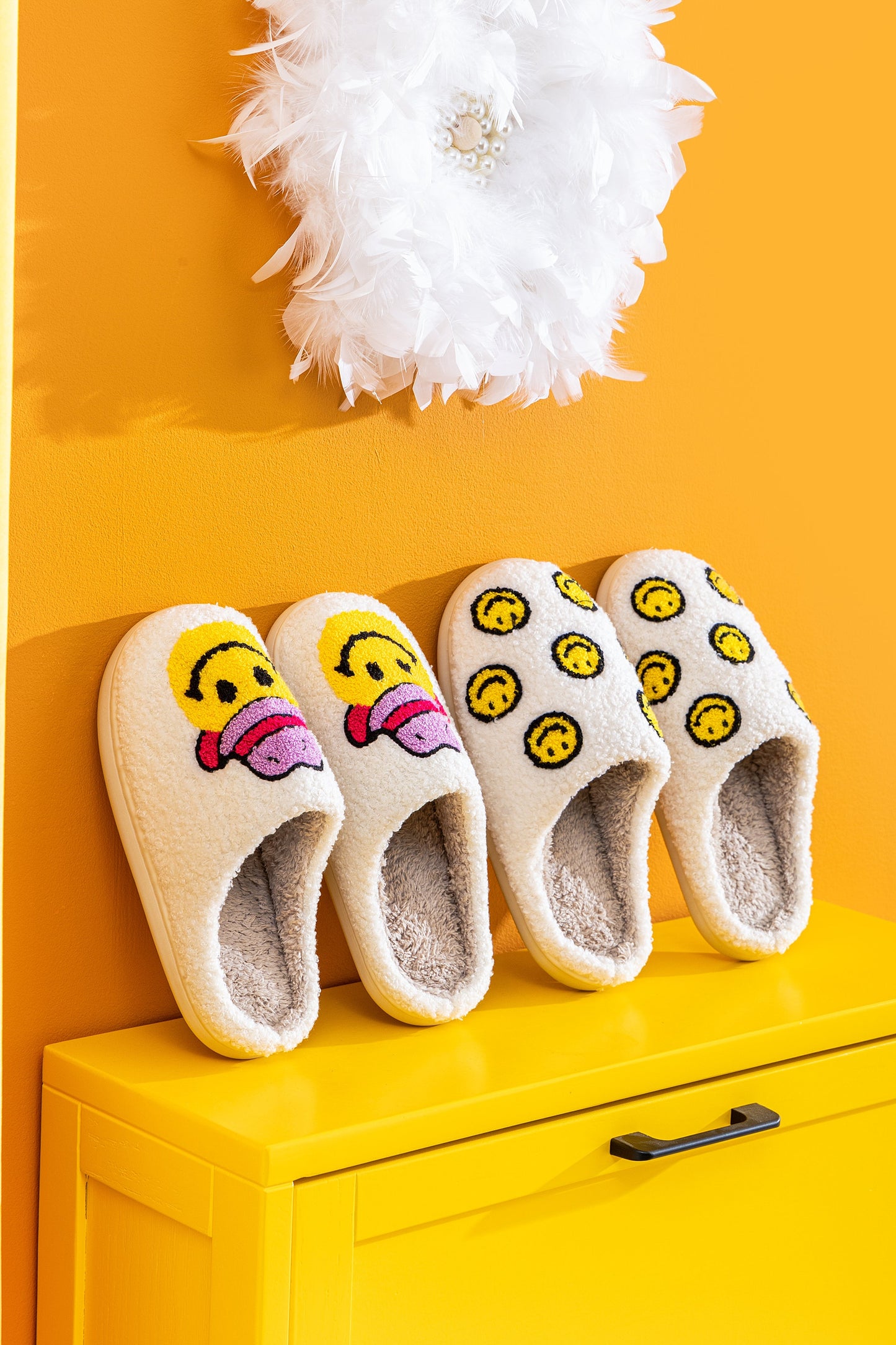 Cowboy Smile Face Comfort Cozy Plush Fluffy Fur Slip On Cushion Slippers