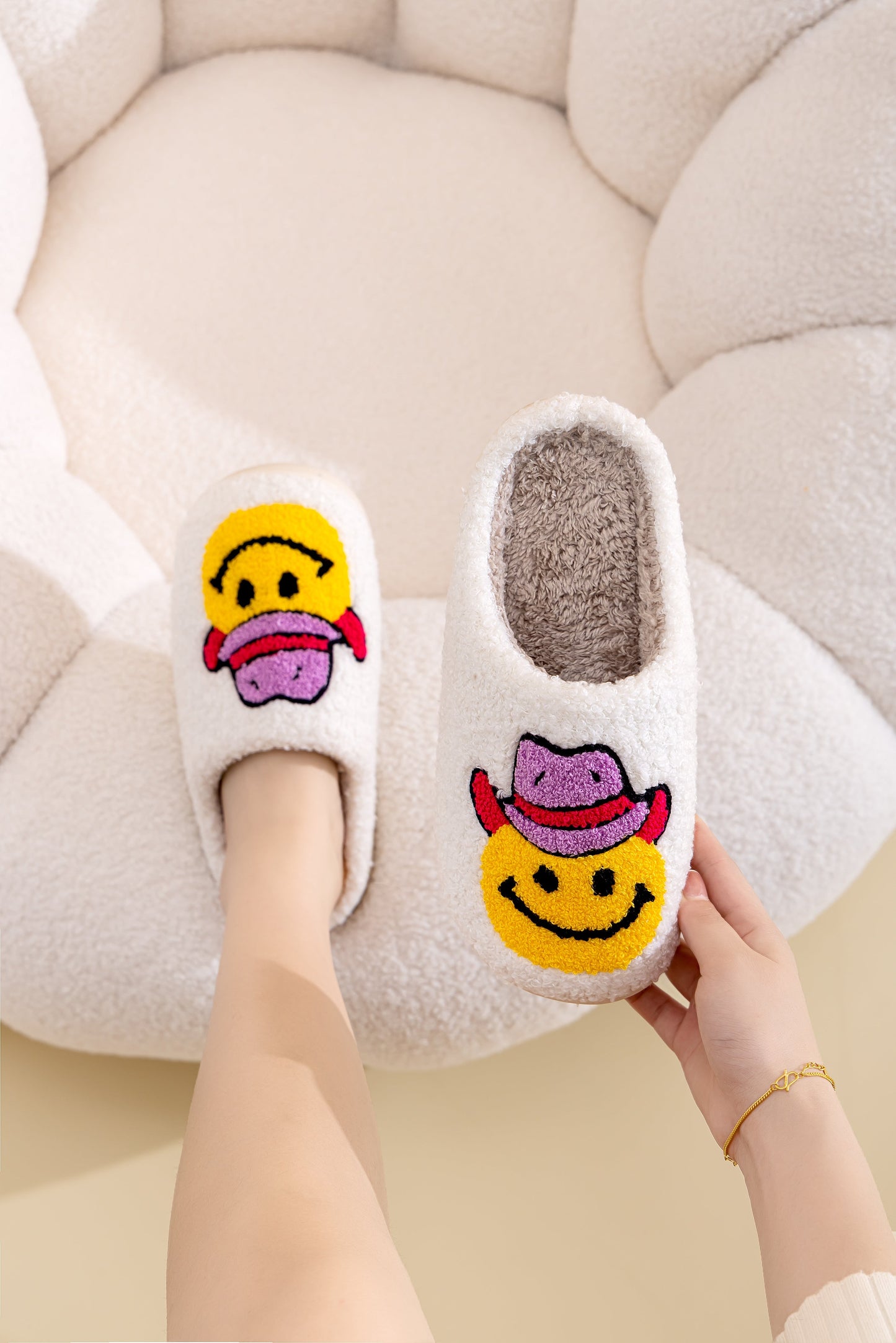 Cowboy Smile Face Comfort Cozy Plush Fluffy Fur Slip On Cushion Slippers