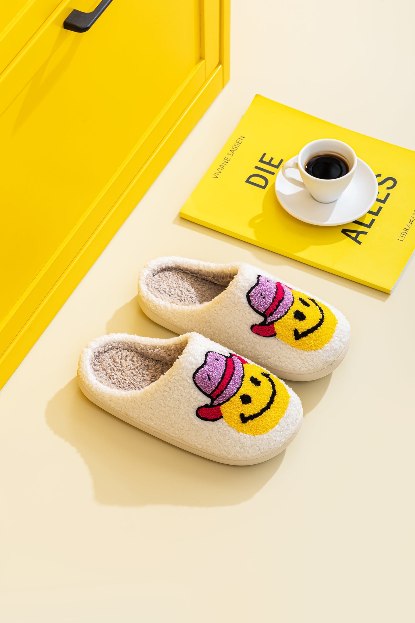 Cowboy Smile Face Comfort Cozy Plush Fluffy Fur Slip On Cushion Slippers