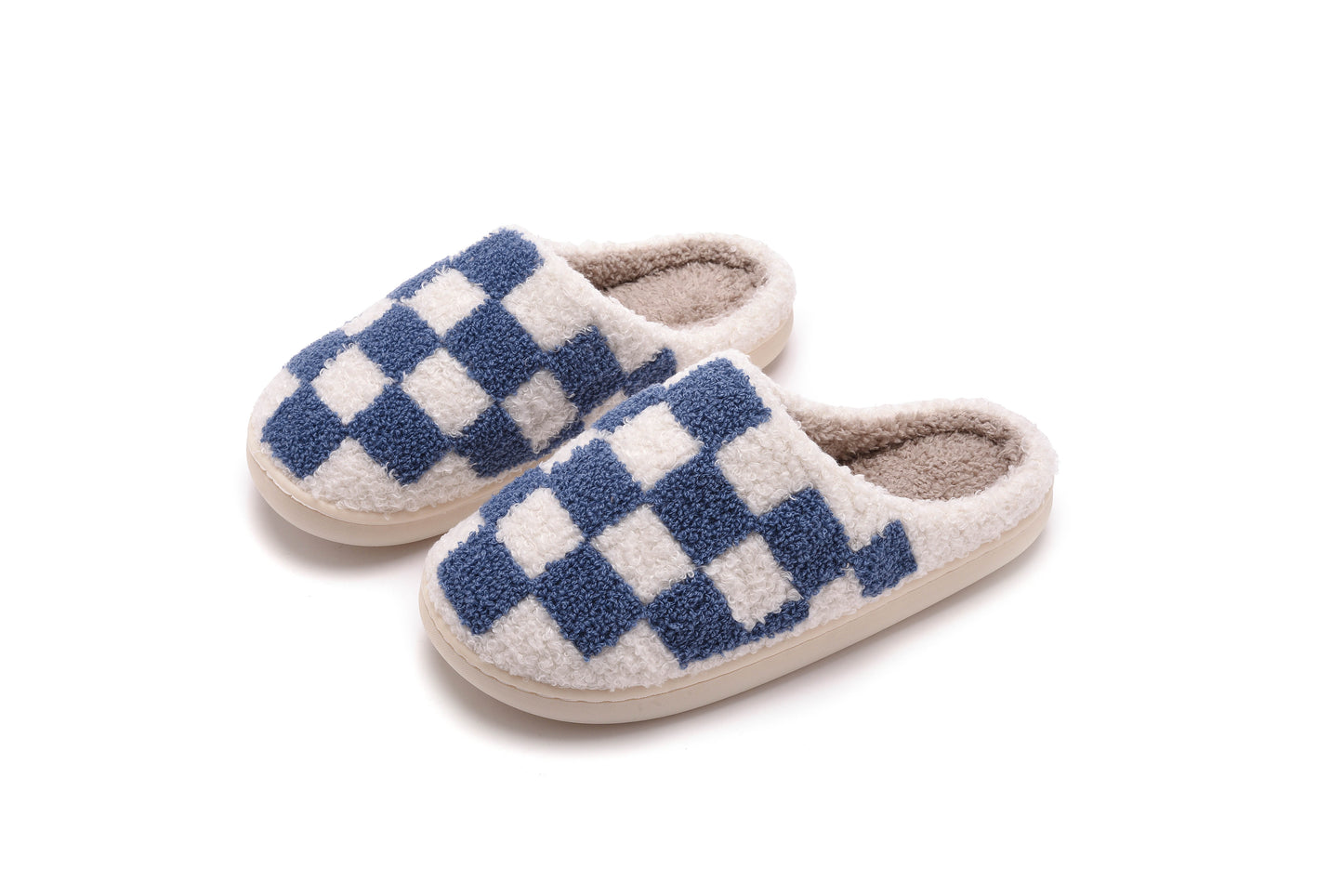 Checkered Pattern Illustrated Comfort Cozy Plush Fluffy Fur Slip On Cushion Slippers