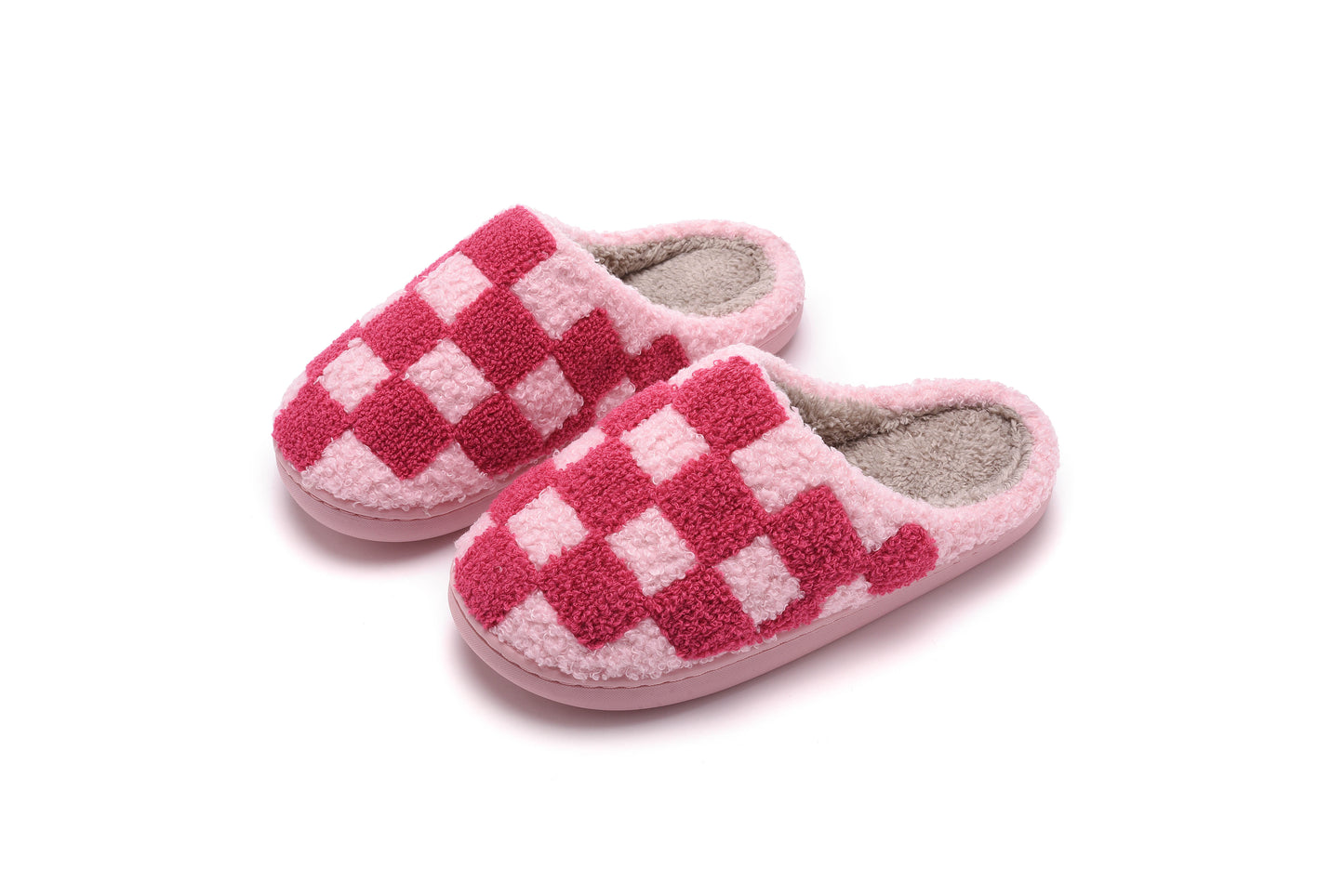 Checkered Pattern Illustrated Comfort Cozy Plush Fluffy Fur Slip On Cushion Slippers