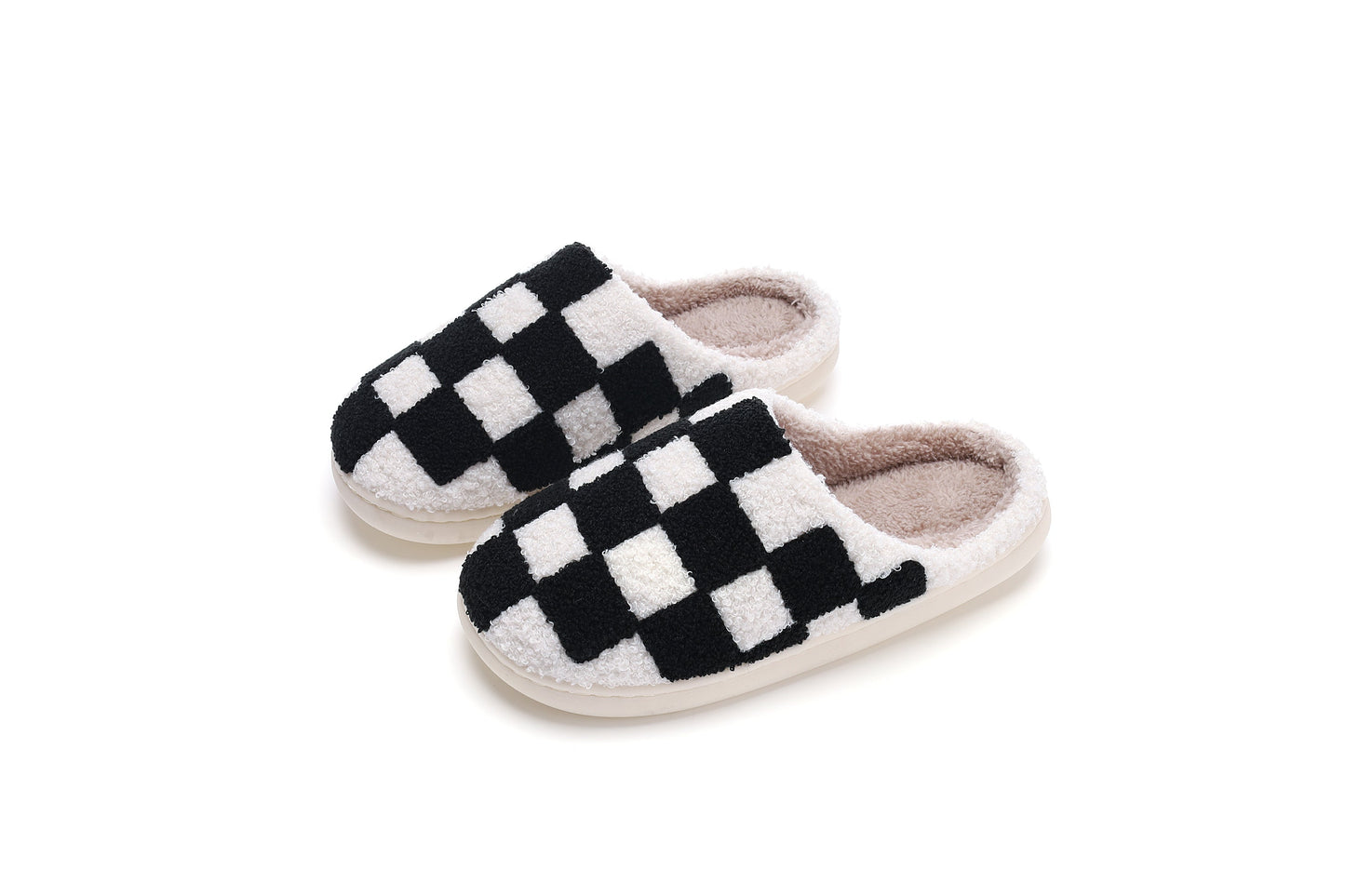 Checkered Pattern Illustrated Comfort Cozy Plush Fluffy Fur Slip On Cushion Slippers