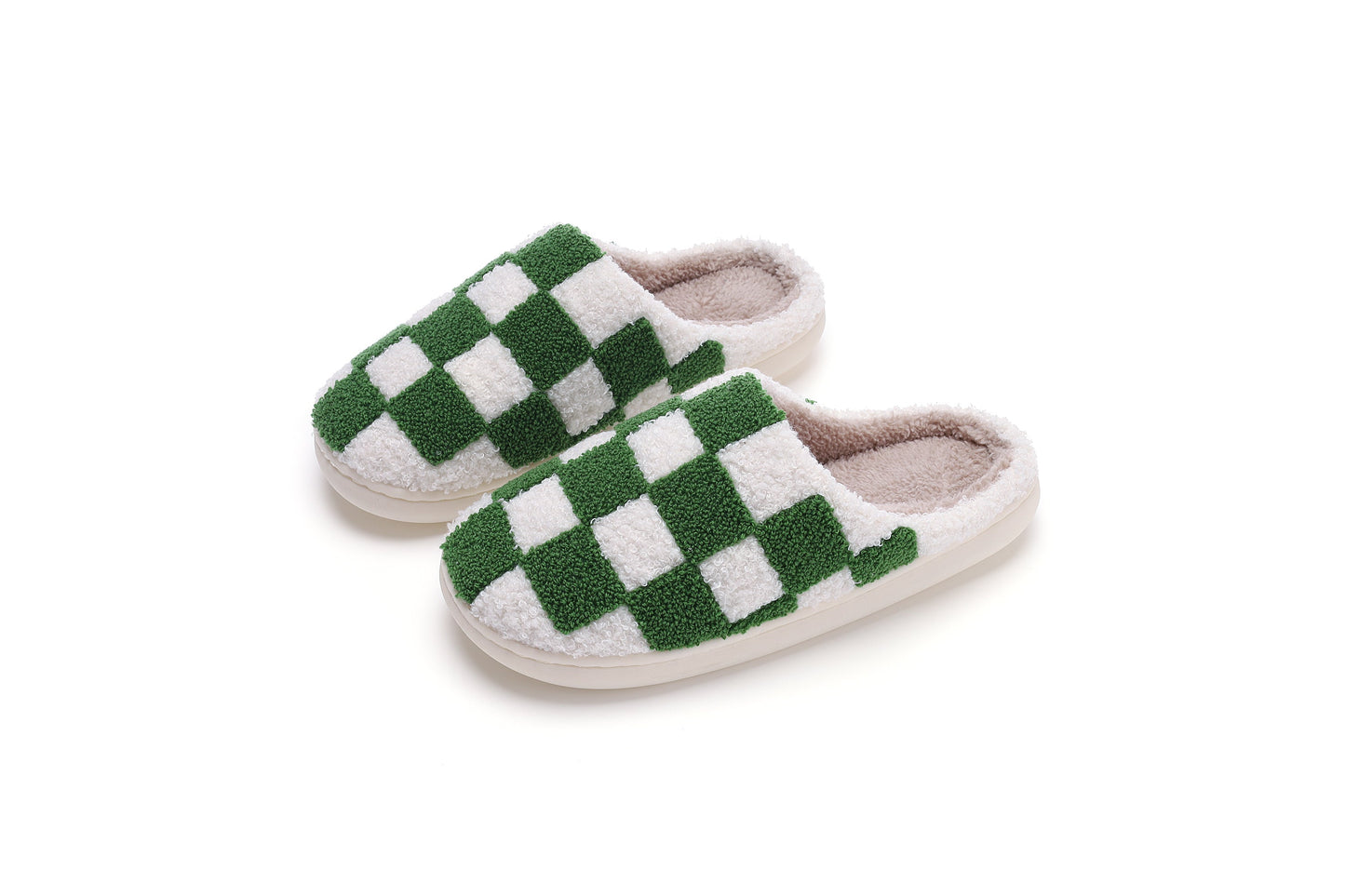 Checkered Pattern Illustrated Comfort Cozy Plush Fluffy Fur Slip On Cushion Slippers