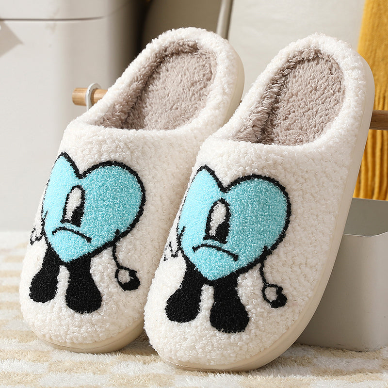 Love Cute Cartoon Illustrated Comfort Cozy Plush Fluffy Fur Slip On Cushion Slippers
