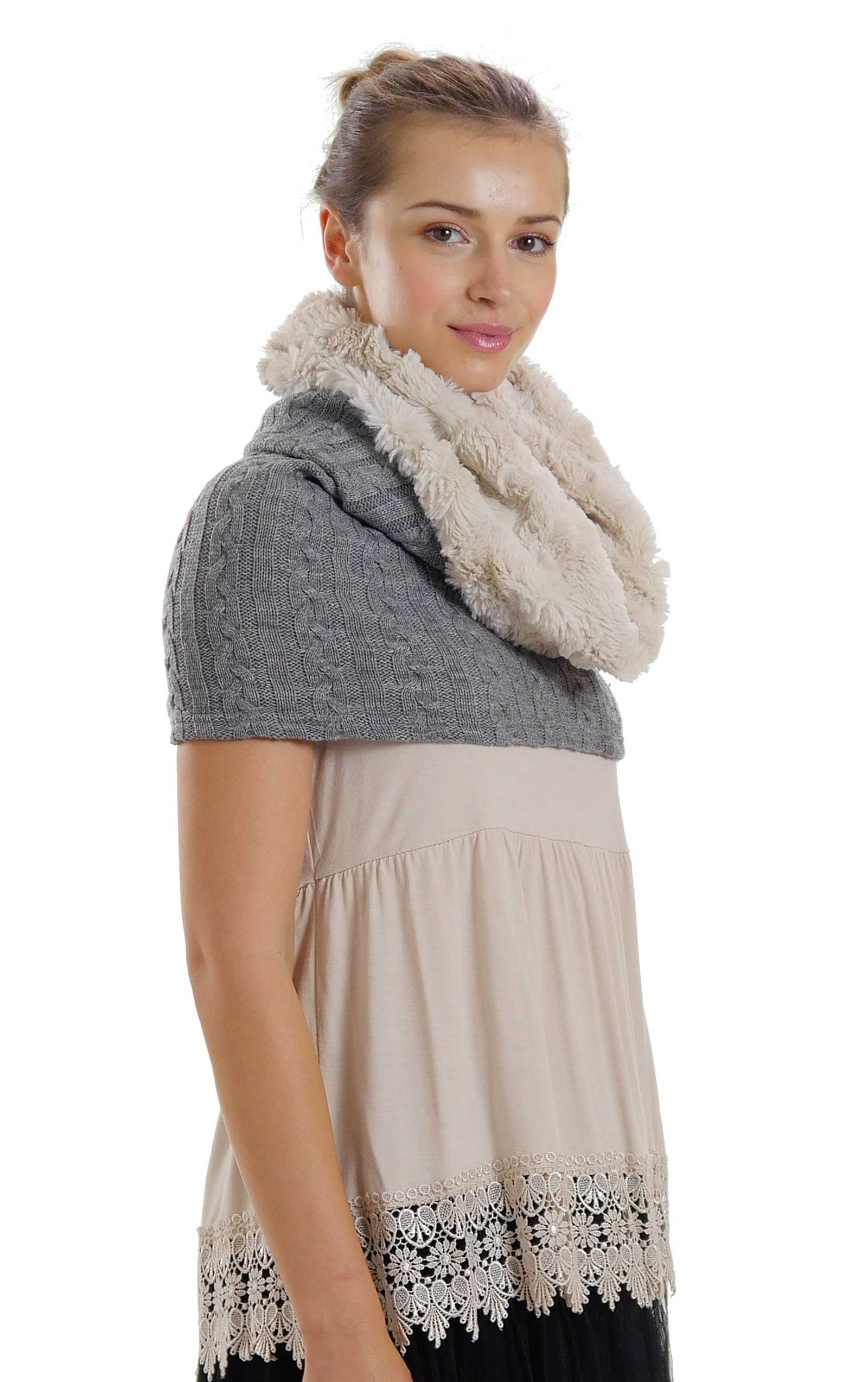 Faux fur Neck Warmer with Shoulder Covered Cable Knit Capelet - Shop Lev