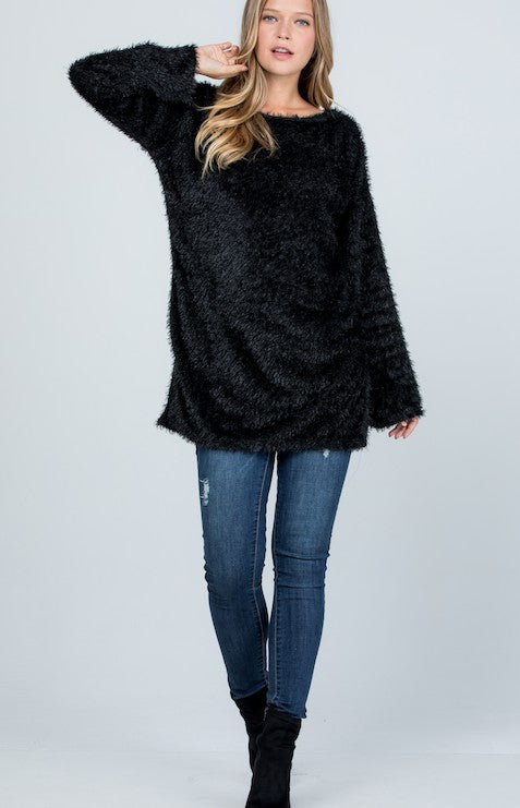 Women Boat Neck Fuzzy Furry Sweater Knit Pullover Loose Fit Tunic Top