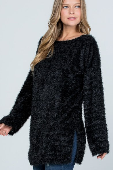 Women Boat Neck Fuzzy Furry Sweater Knit Pullover Loose Fit Tunic Top