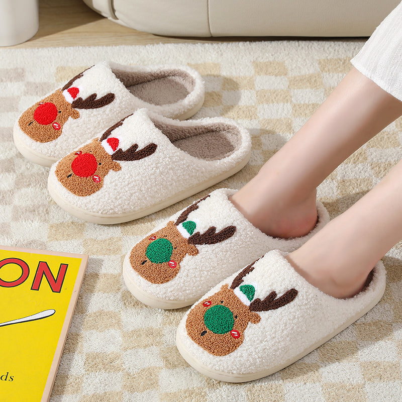 Christmas Reindeer Illustrated Comfort Cozy Plush Fluffy Fur Slip On Cushion Slippers