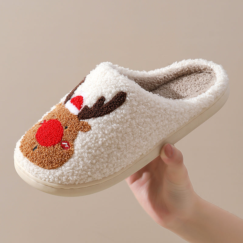 Christmas Reindeer Illustrated Comfort Cozy Plush Fluffy Fur Slip On Cushion Slippers