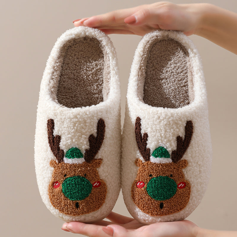 Christmas Reindeer Illustrated Comfort Cozy Plush Fluffy Fur Slip On Cushion Slippers