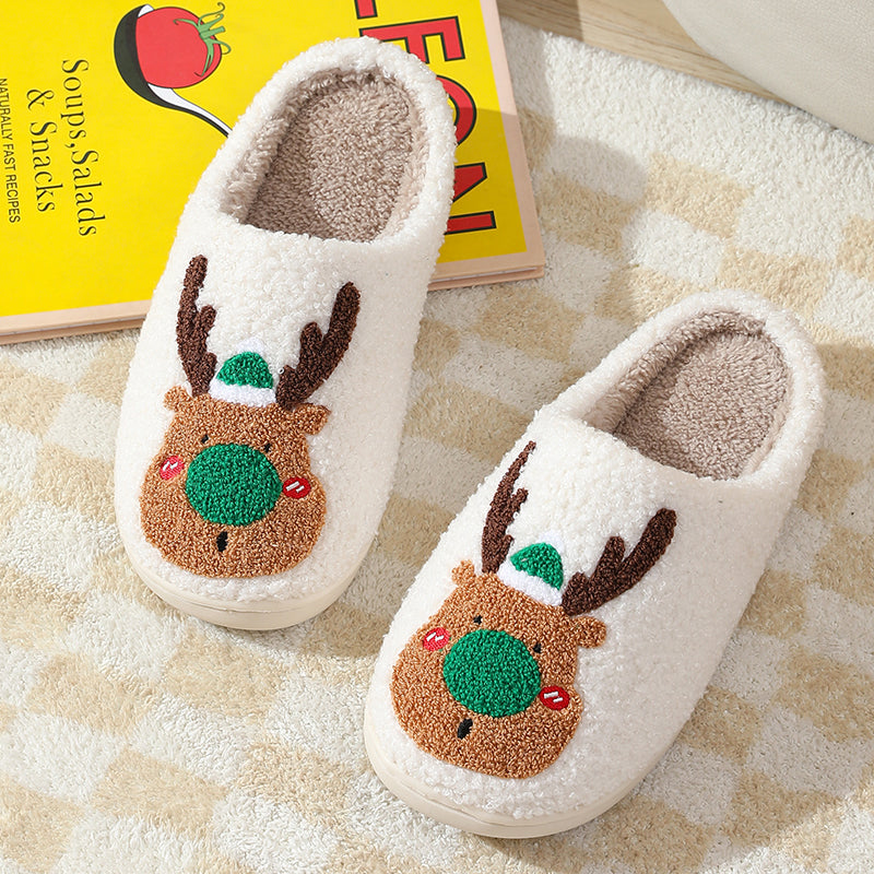 Christmas Reindeer Illustrated Comfort Cozy Plush Fluffy Fur Slip On Cushion Slippers