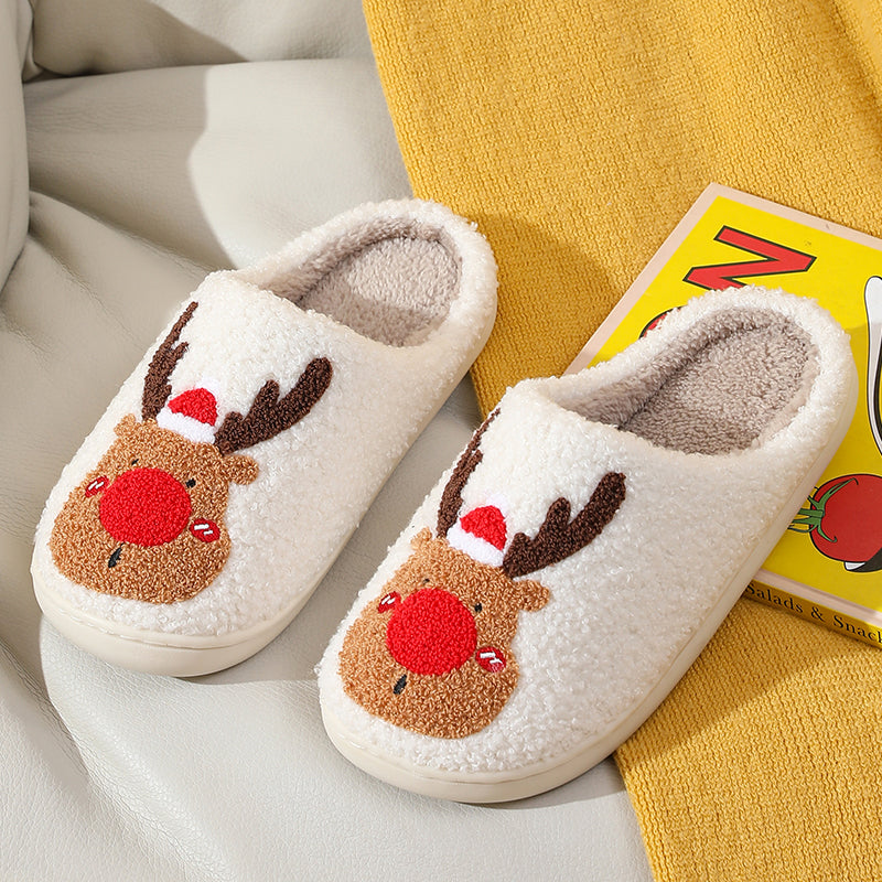 Christmas Reindeer Illustrated Comfort Cozy Plush Fluffy Fur Slip On Cushion Slippers
