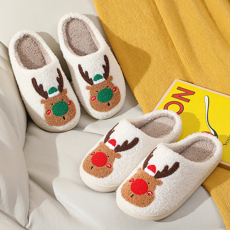 Christmas Reindeer Illustrated Comfort Cozy Plush Fluffy Fur Slip On Cushion Slippers