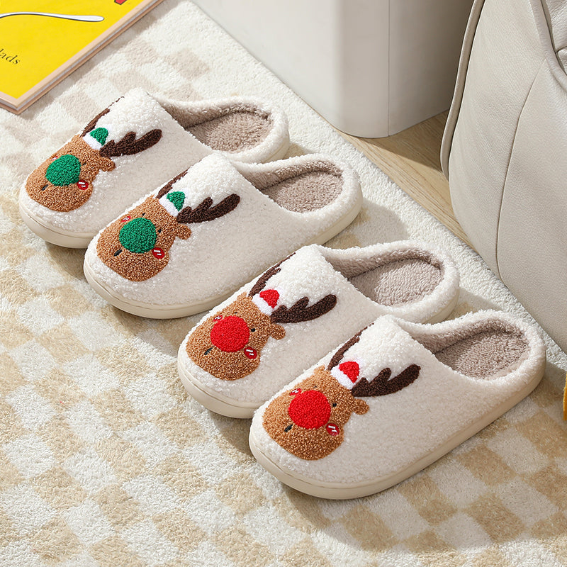Christmas Reindeer Illustrated Comfort Cozy Plush Fluffy Fur Slip On Cushion Slippers