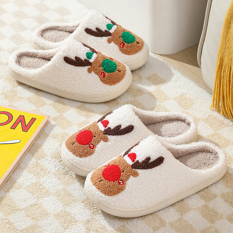 Christmas Reindeer Illustrated Comfort Cozy Plush Fluffy Fur Slip On Cushion Slippers