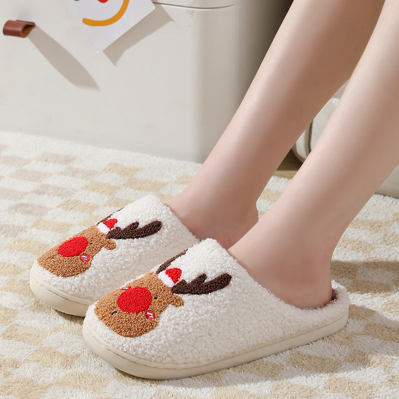 Christmas Reindeer Illustrated Comfort Cozy Plush Fluffy Fur Slip On Cushion Slippers