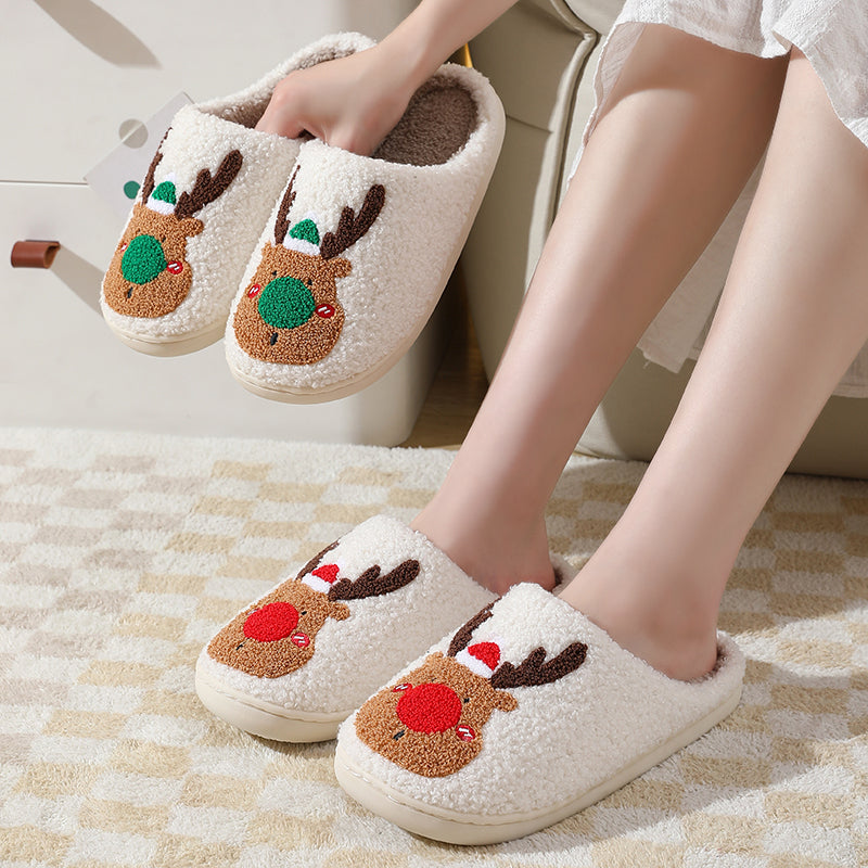 Christmas Reindeer Illustrated Comfort Cozy Plush Fluffy Fur Slip On Cushion Slippers