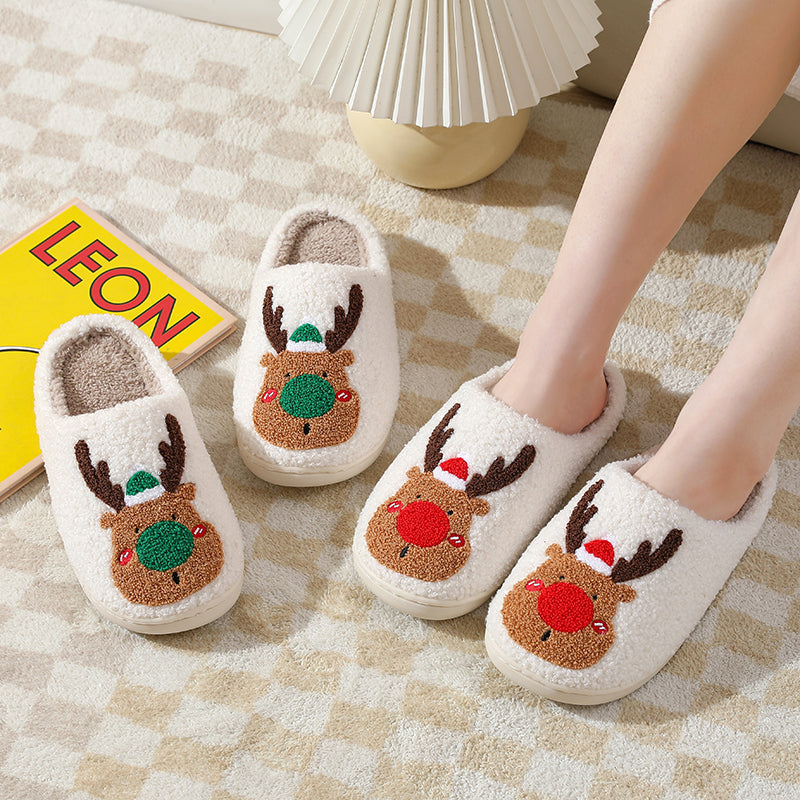 Christmas Reindeer Illustrated Comfort Cozy Plush Fluffy Fur Slip On Cushion Slippers