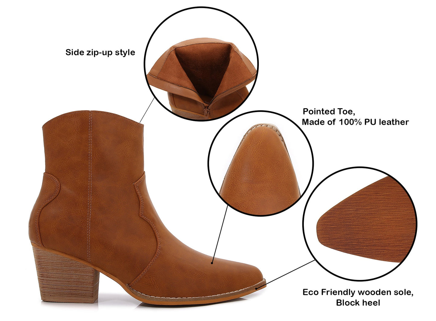 Women PU Leather Stacked Block Heel Western Cowboy Ankle Zip Up Boots