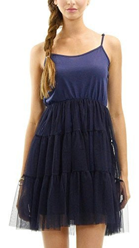 Women's Camisole Short Slip Dress with Tiered Mesh Skirt and Adjustable Straps - Shop Lev