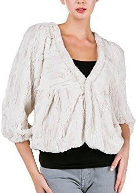 V Neck Faux Fur Jacket with Three-quarter Sleeve - Shop Lev