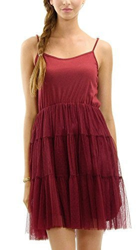 Women's Camisole Short Slip Dress with Tiered Mesh Skirt and Adjustable Straps - Shop Lev
