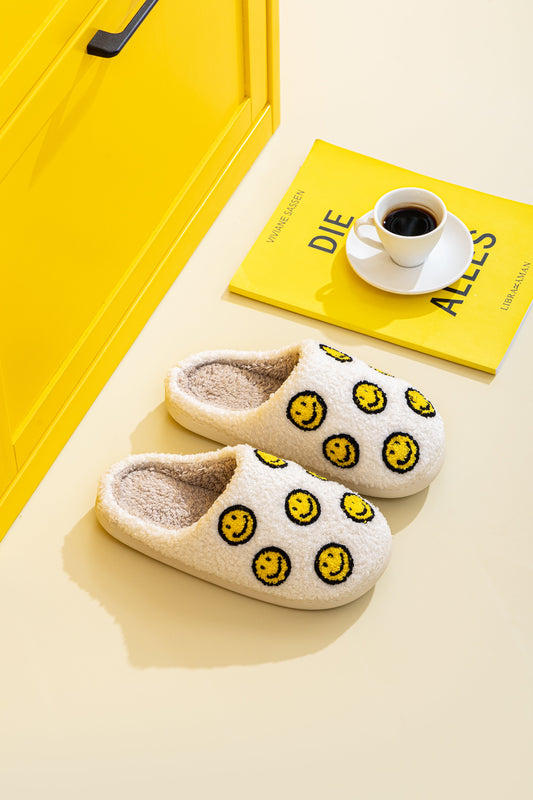 Smile Face Dot Illustrated Comfort Cozy Plush Fluffy Fur Slip On Cushion Slippers