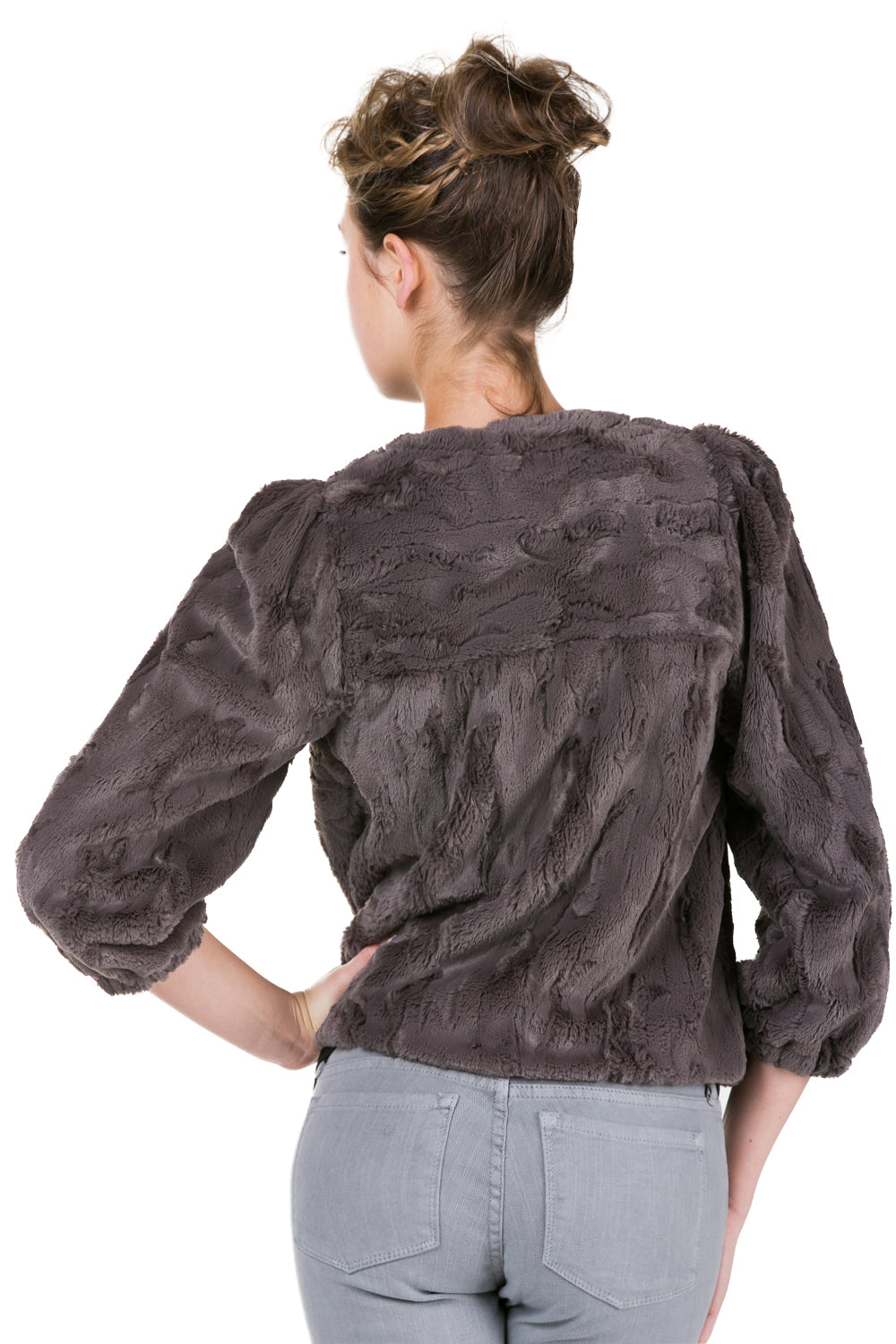 V Neck Faux Fur Jacket with Three-quarter Sleeve - Shop Lev