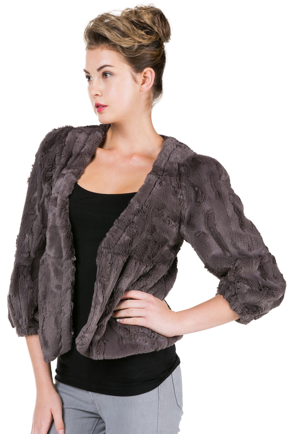 V Neck Faux Fur Jacket with Three-quarter Sleeve - Shop Lev