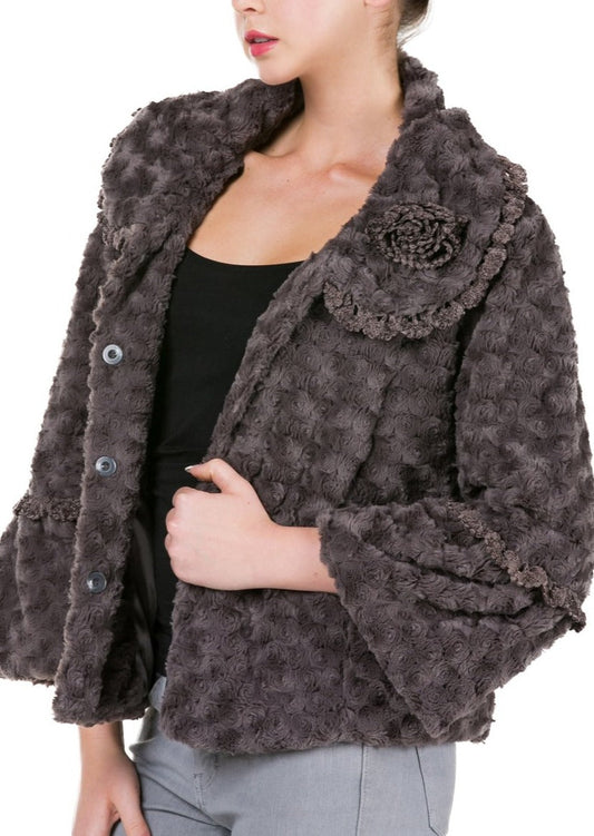 Women's Faux Fur Rosette Jacket with Handmade Corsage - Shop Lev