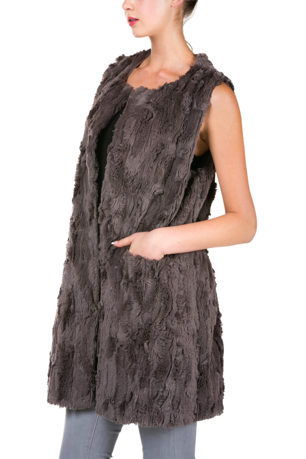Women's Faux Fur Long Vest with Pocket on the Front - Shop Lev