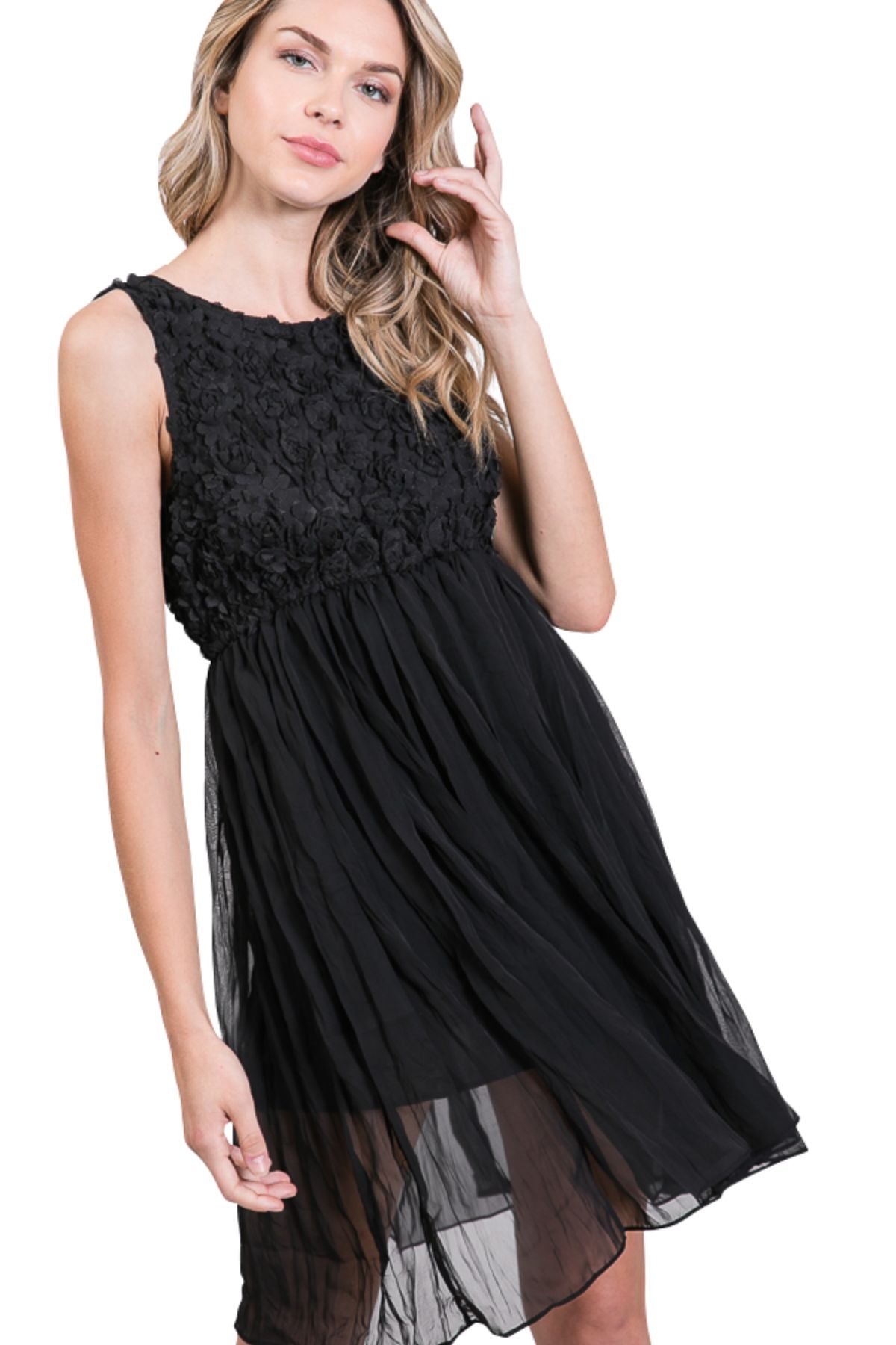 Flower embellished highwaist chiffon dress - Shop Lev