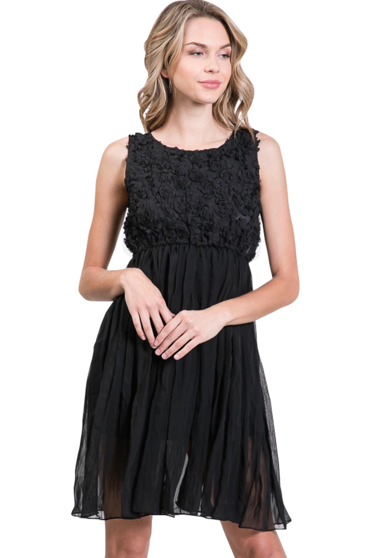 Flower embellished highwaist chiffon dress - Shop Lev
