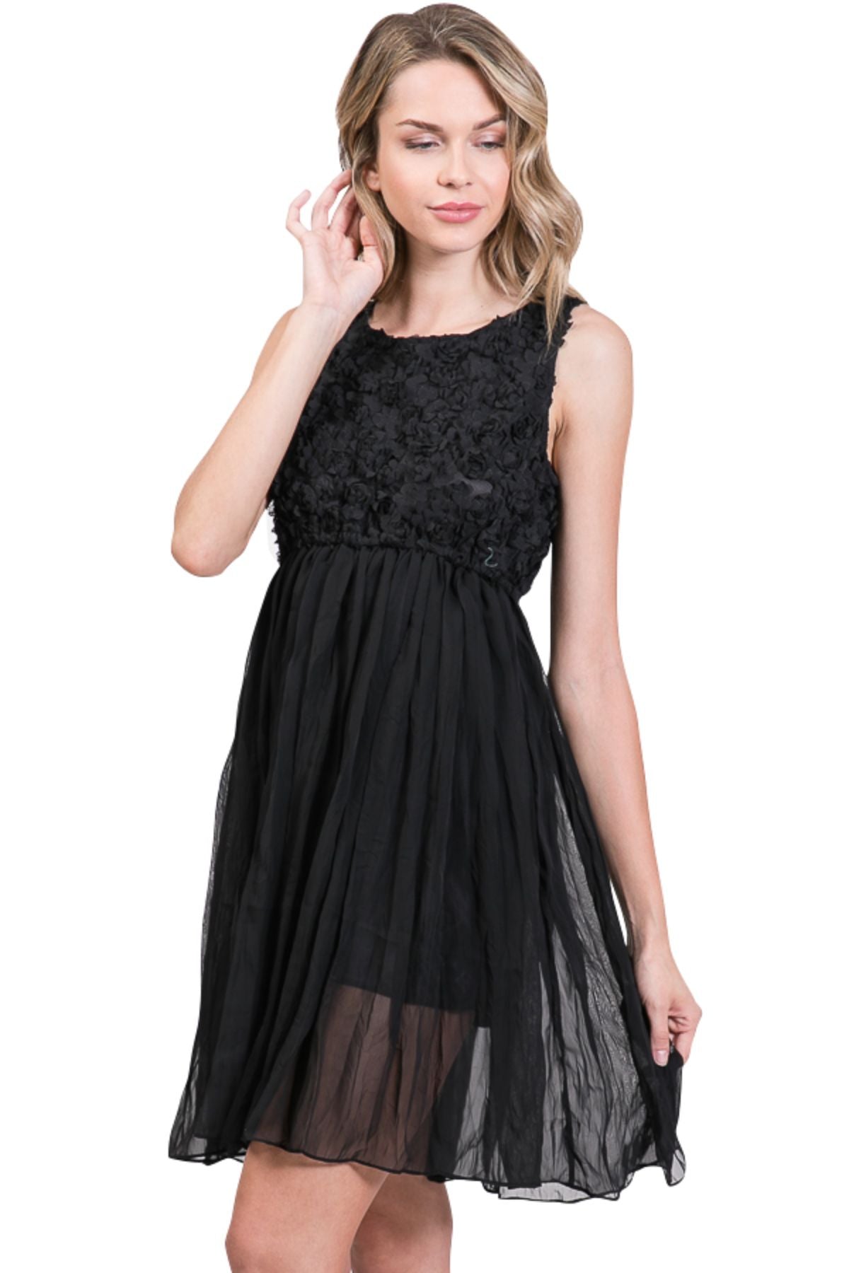 Flower embellished highwaist chiffon dress - Shop Lev