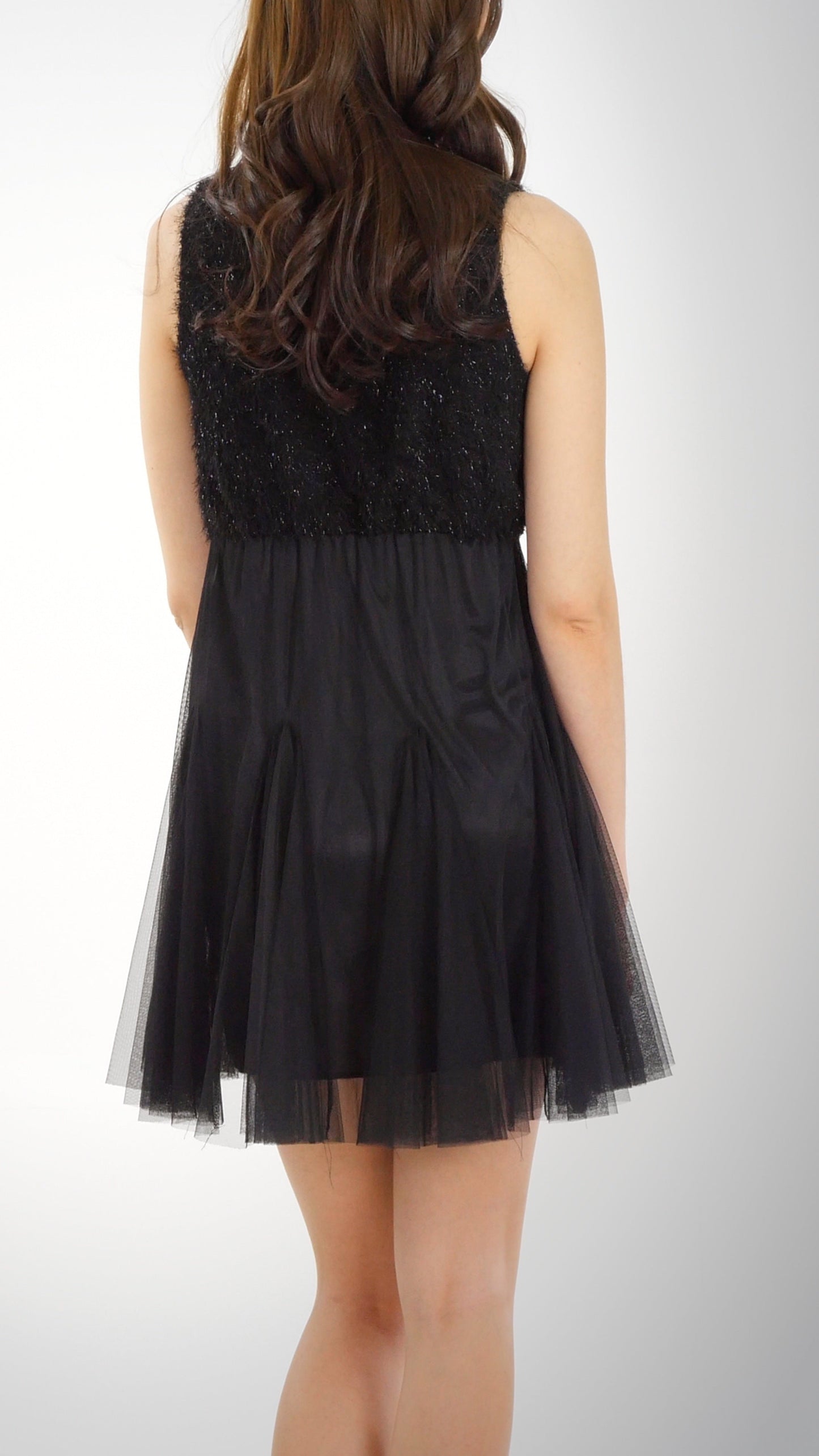 Fluffy Top and Mesh Bottomed Sleeveless Mini Dress - Shop Lev
