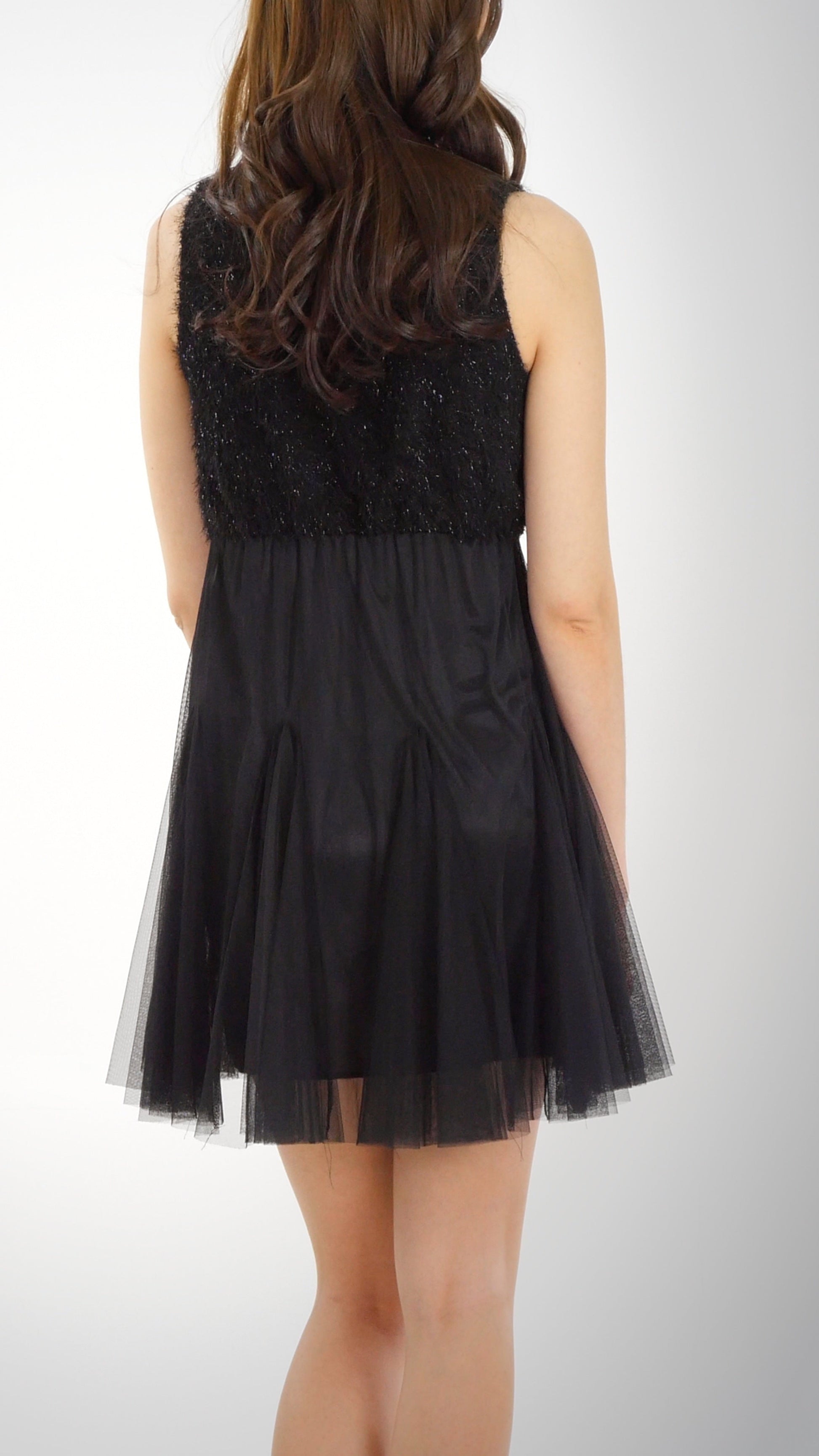 Fluffy Top and Mesh Bottomed Sleeveless Mini Dress - Shop Lev