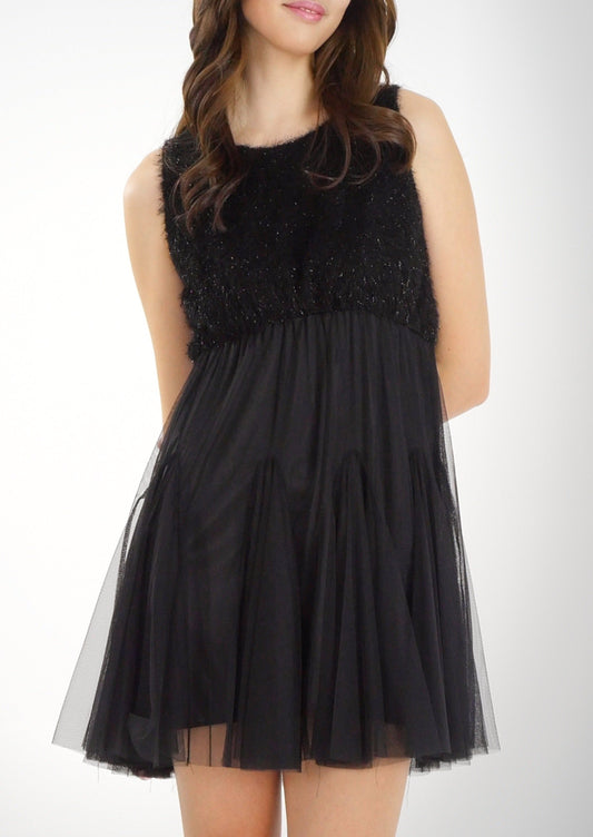 Fluffy Top and Mesh Bottomed Sleeveless Mini Dress - Shop Lev