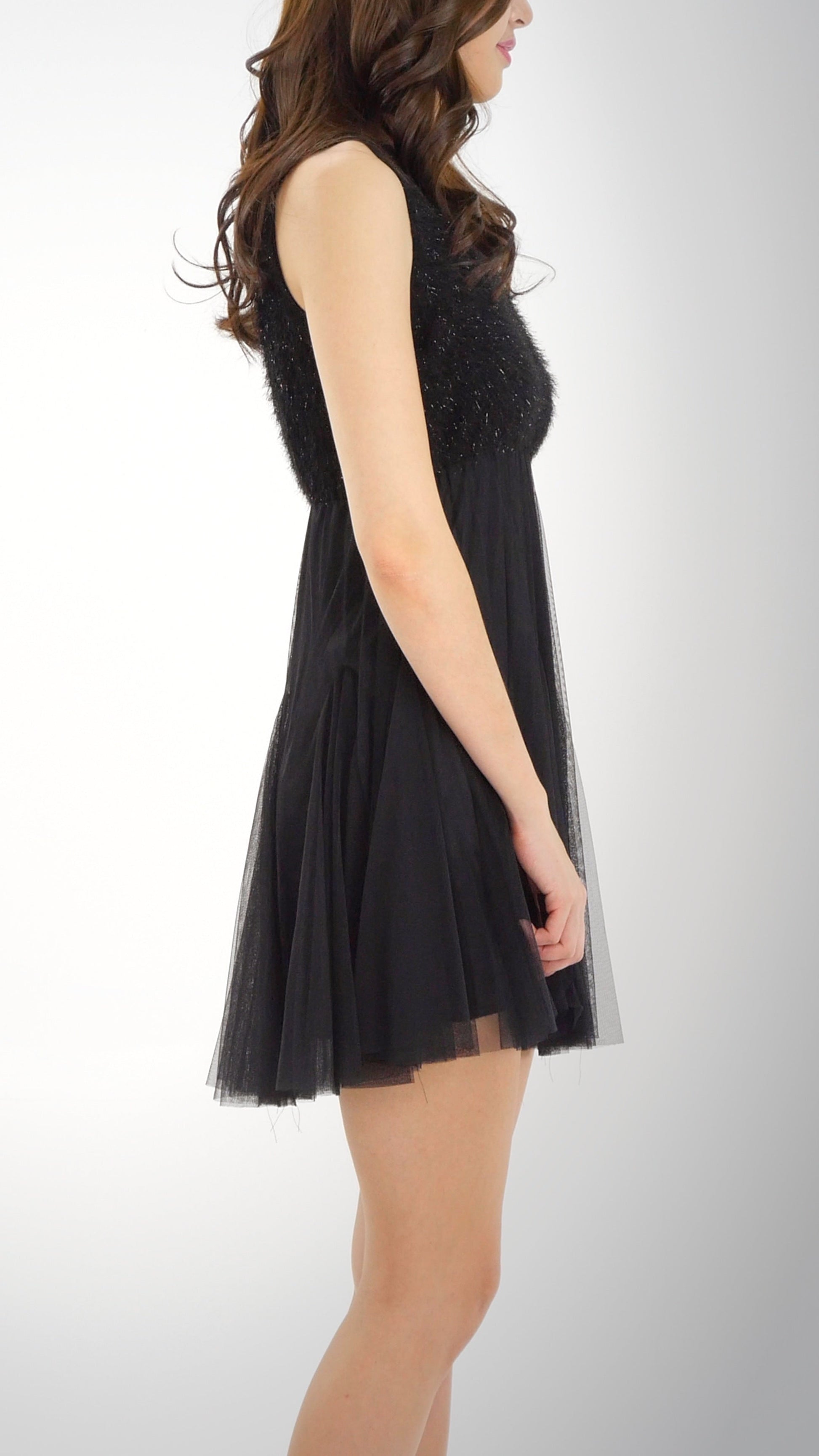 Fluffy Top and Mesh Bottomed Sleeveless Mini Dress - Shop Lev